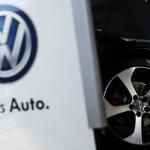 The wheel of a VW auto is seen in the showroom of a Volkswagen dealership in the Queens borough of New York